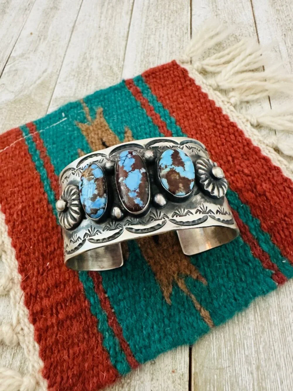 Handcrafted Sterling Silver & Golden Hills Turquoise Cuff Bracelet by Chimney Bu - Picture 2 of 7